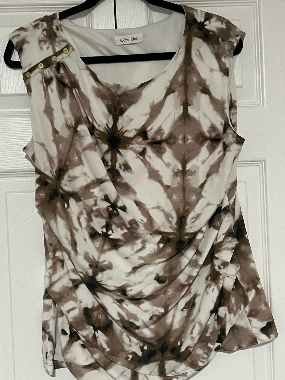 Calvin Klein White and Brown Tie-Dye Draped Sleeveless Top with Gold Studs